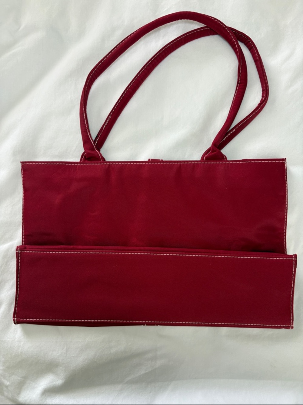 Red Tote Bag with White Stitching Shoulder Bag - Picture 3 of 6